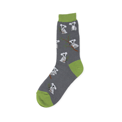 Crew sock with light gray koalas on branches over a dark heather gray background, featuring bright green toe, heel, and cuff.
