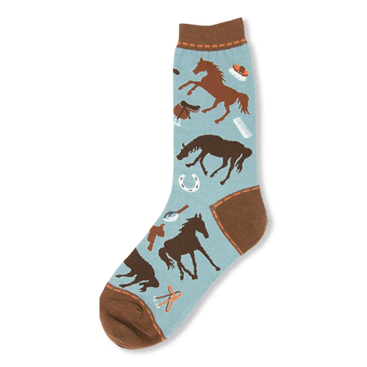 Light blue crew sock covered in brown horses, saddles, and brushes, featuring a brown toe and heel with dashed orange lines.