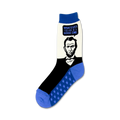 Crew socks featuring a black and white image of Abraham Lincoln, a speech bubble with quote, and a blue star pattern on the foot.