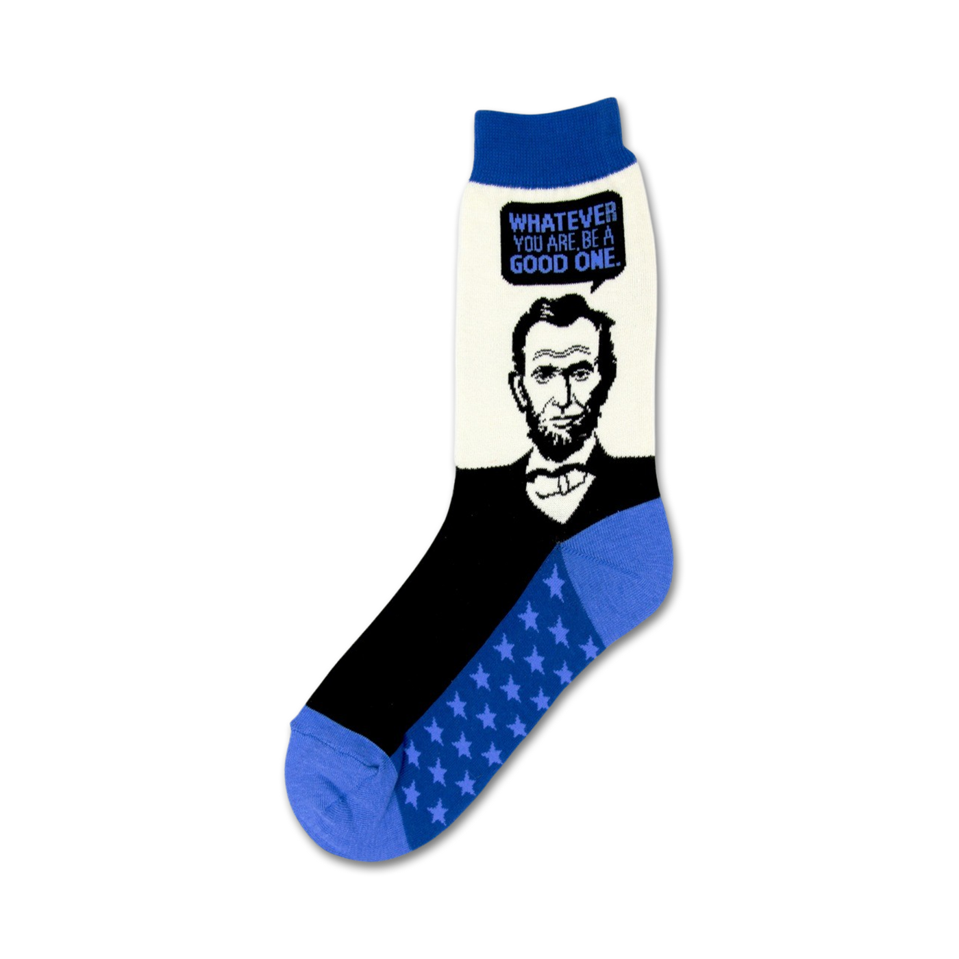 Crew socks featuring a black and white image of Abraham Lincoln, a speech bubble with quote, and a blue star pattern on the foot.