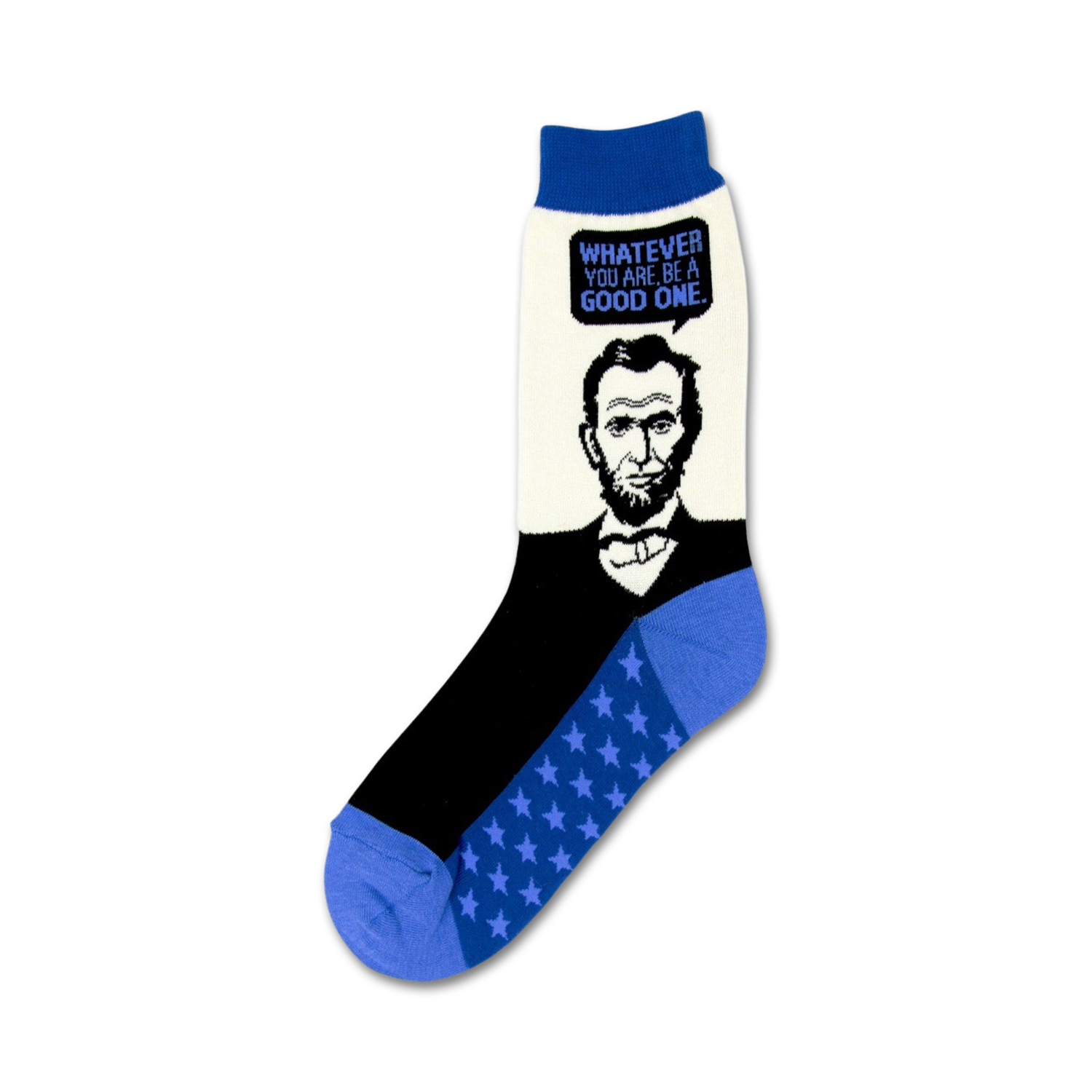 Crew socks featuring a black and white image of Abraham Lincoln, a speech bubble with quote, and a blue star pattern on the foot.