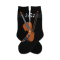 Pair of black crew socks with a brown violin and musical notes design. 