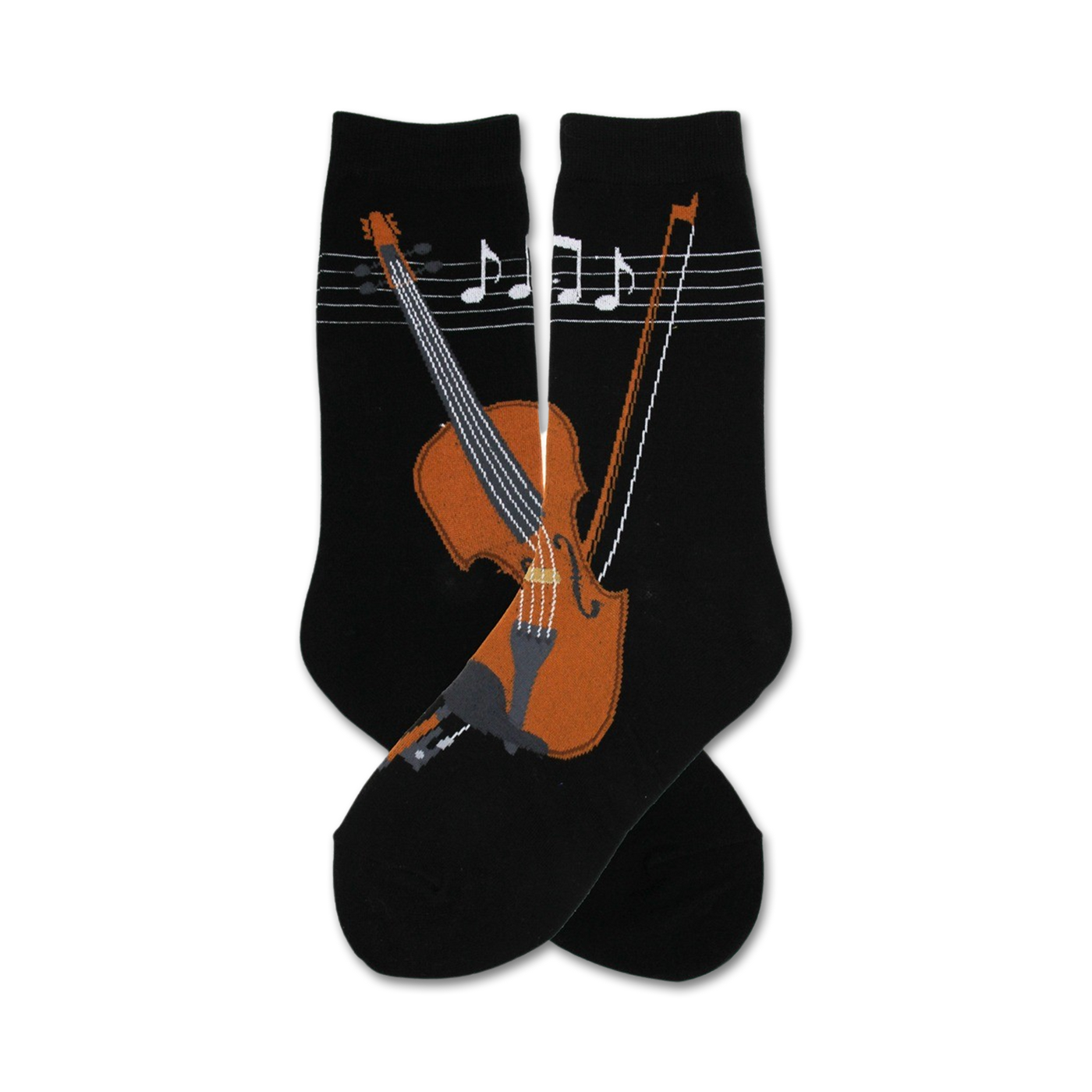 Pair of black crew socks with a brown violin and musical notes design. 