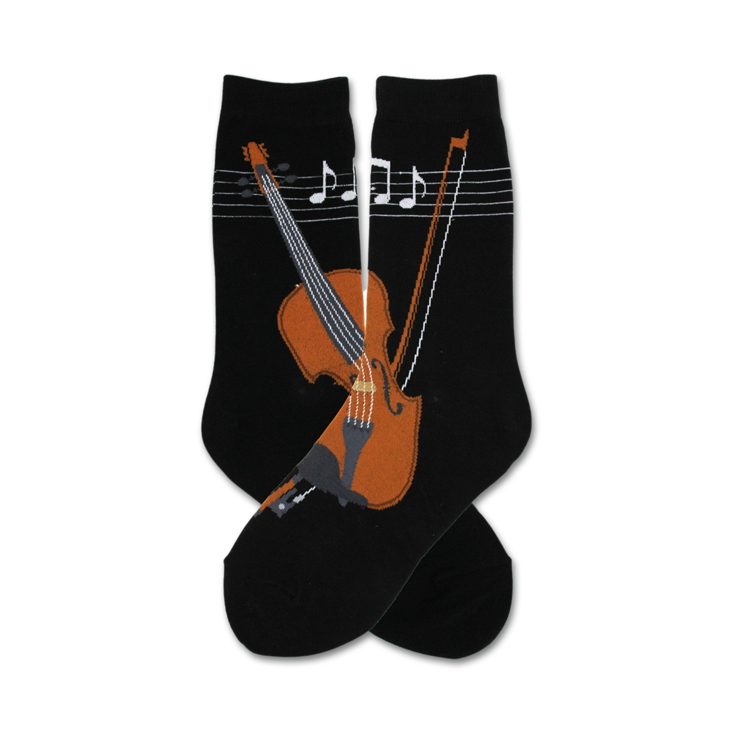 Pair of black crew socks with a brown violin and musical notes design. 