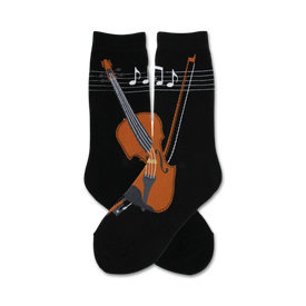 womens black crew socks with musical notes and violin pattern.   