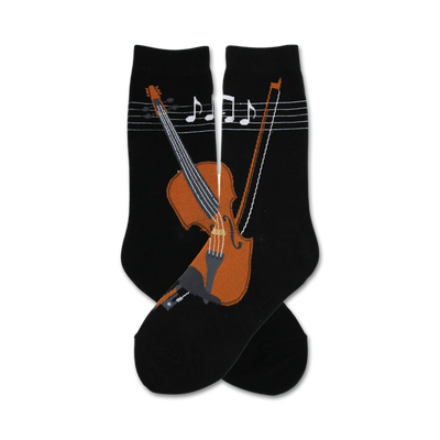 womens black crew socks with musical notes and violin pattern.   