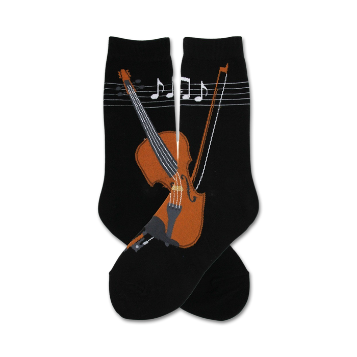 womens black crew socks with musical notes and violin pattern.    }}