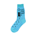 Blue striped crew sock showing a black cat silhouette, paw prints, and Crazy cat lady text with turquoise accents.