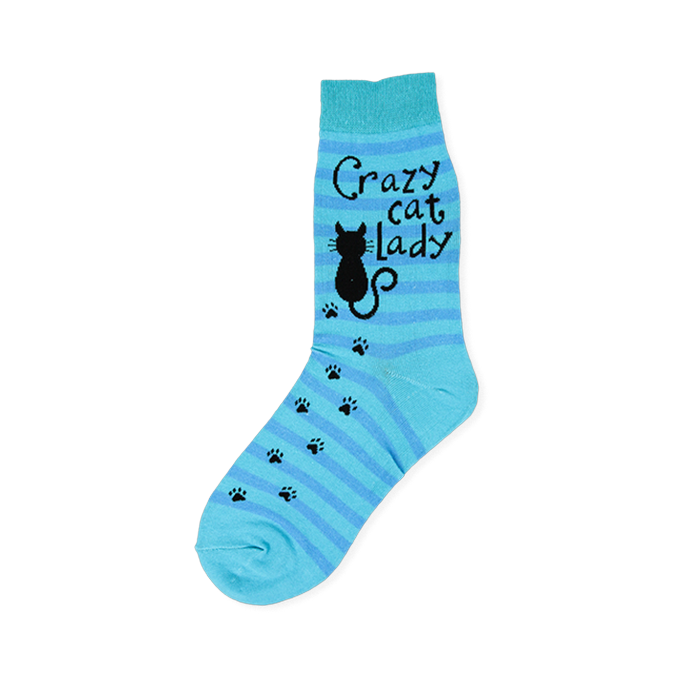 Blue striped crew sock showing a black cat silhouette, paw prints, and Crazy cat lady text with turquoise accents.