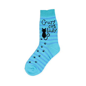 Blue striped crew sock showing a black cat silhouette, paw prints, and Crazy cat lady text with turquoise accents.