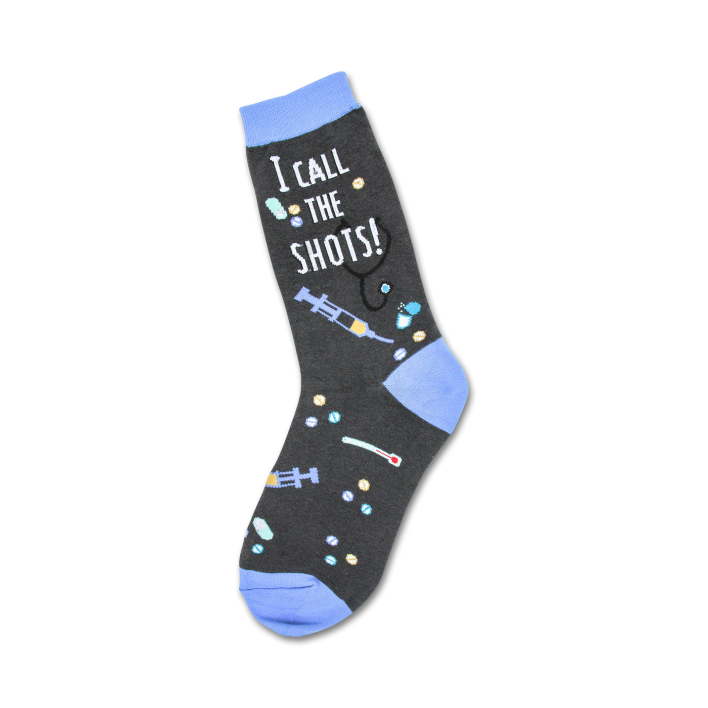 Crew socks in dark grey with light blue accents.  The design includes a syringe, stethoscope, pills, and the text 'I Call the Shots!'