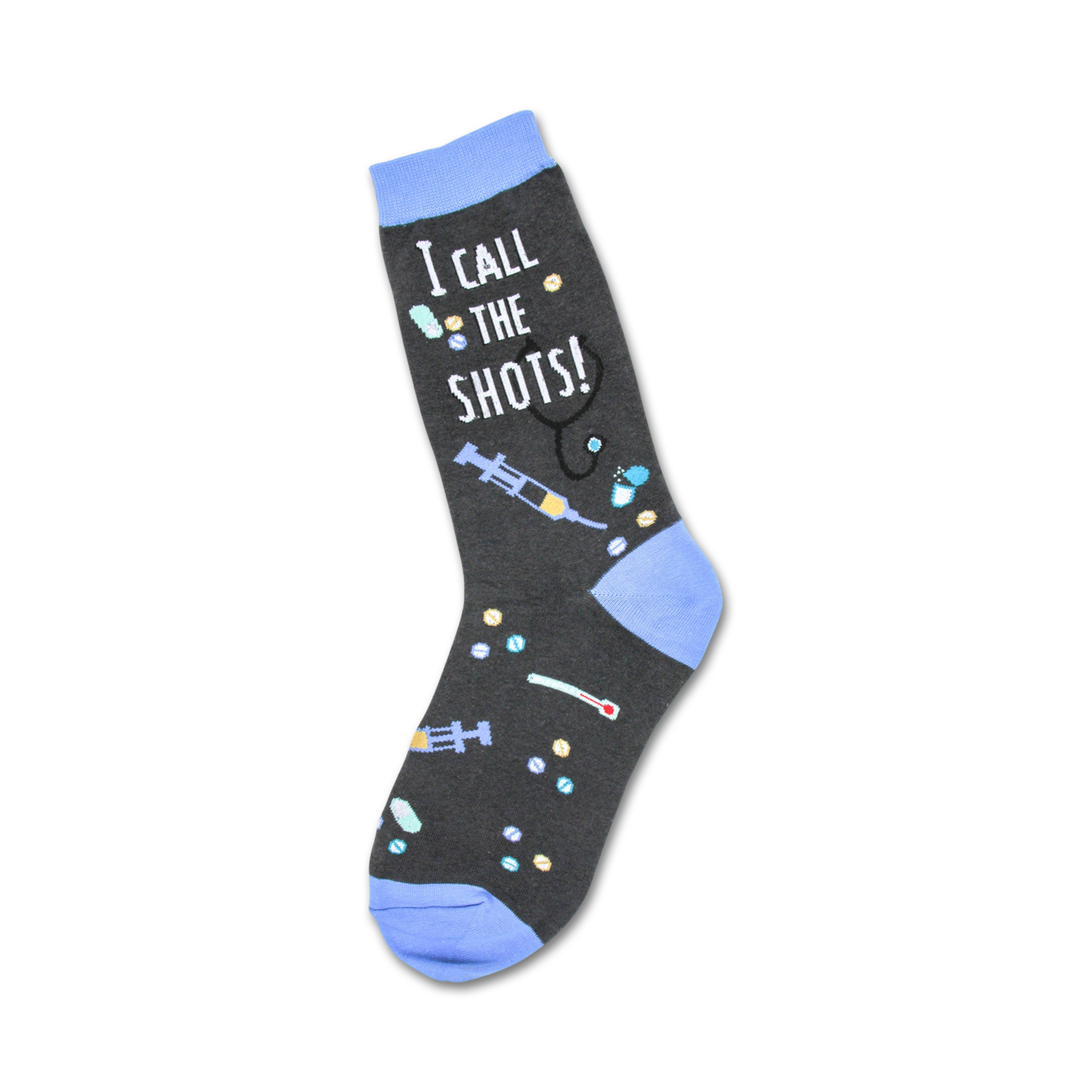 Crew socks in dark grey with light blue accents.  The design includes a syringe, stethoscope, pills, and the text 'I Call the Shots!'