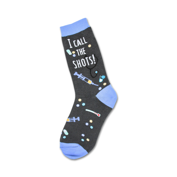 black crew socks with blue toes and heels and the words 