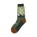 Crew socks in olive green and brown. Features a mountain range, compass, and the quote 'Not all who wander are lost.'