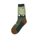 Crew socks in olive green and brown. Features a mountain range, compass, and the quote 'Not all who wander are lost.'