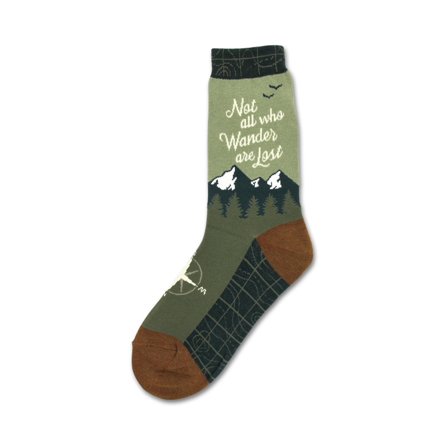 Crew socks in olive green and brown. Features a mountain range, compass, and the quote 'Not all who wander are lost.'