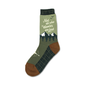women's crew socks in green with brown toes and heels, featuring 'not all who wander are lost' text, mountain range, birds, compass, and trees. 