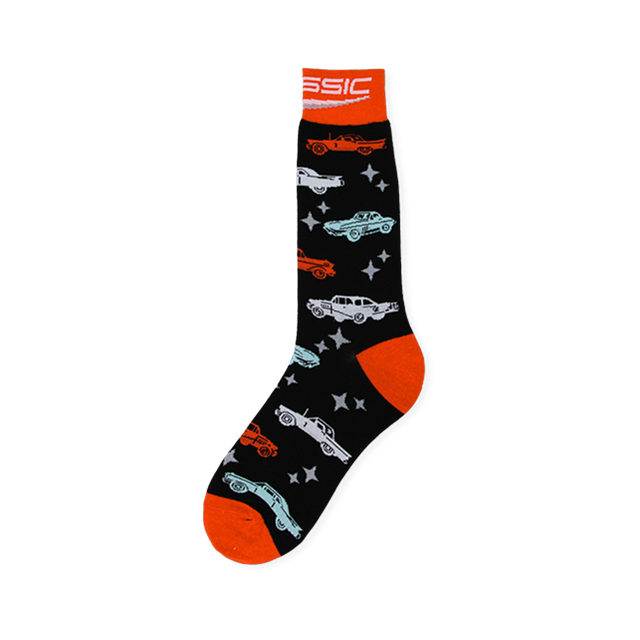 Black crew socks with vintage cars in orange, blue, and white, light grey stars, plus a bright orange cuff, heel, and toe.