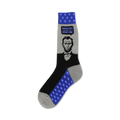 Crew socks in black, gray, and blue featuring a portrait of Abraham Lincoln and a blue star pattern. The socks have the quote 'Whatever you are, be a good one'.