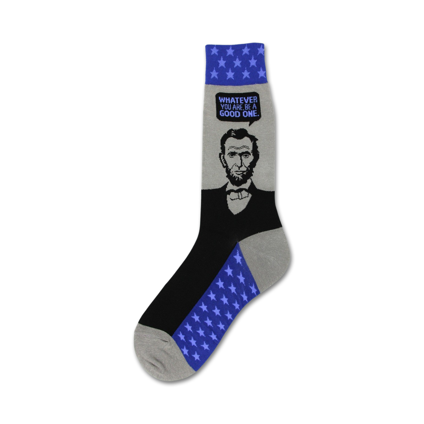 Crew socks in black, gray, and blue featuring a portrait of Abraham Lincoln and a blue star pattern. The socks have the quote 'Whatever you are, be a good one'.