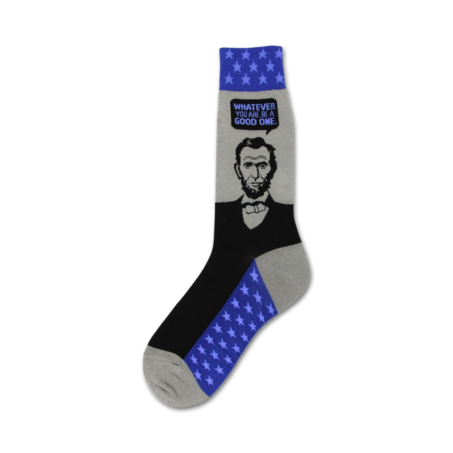 Crew socks in black, gray, and blue featuring a portrait of Abraham Lincoln and a blue star pattern. The socks have the quote 'Whatever you are, be a good one'.