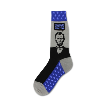 black with gray toe, heel, and top. blue band with white stars. men's crew socks featuring political-themed abraham lincoln portraits.  