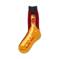 Crew socks with a beer bottle design. The socks are mainly gold and burgundy, with a detailed beer bottle graphic and 'Mmm Beer' label.