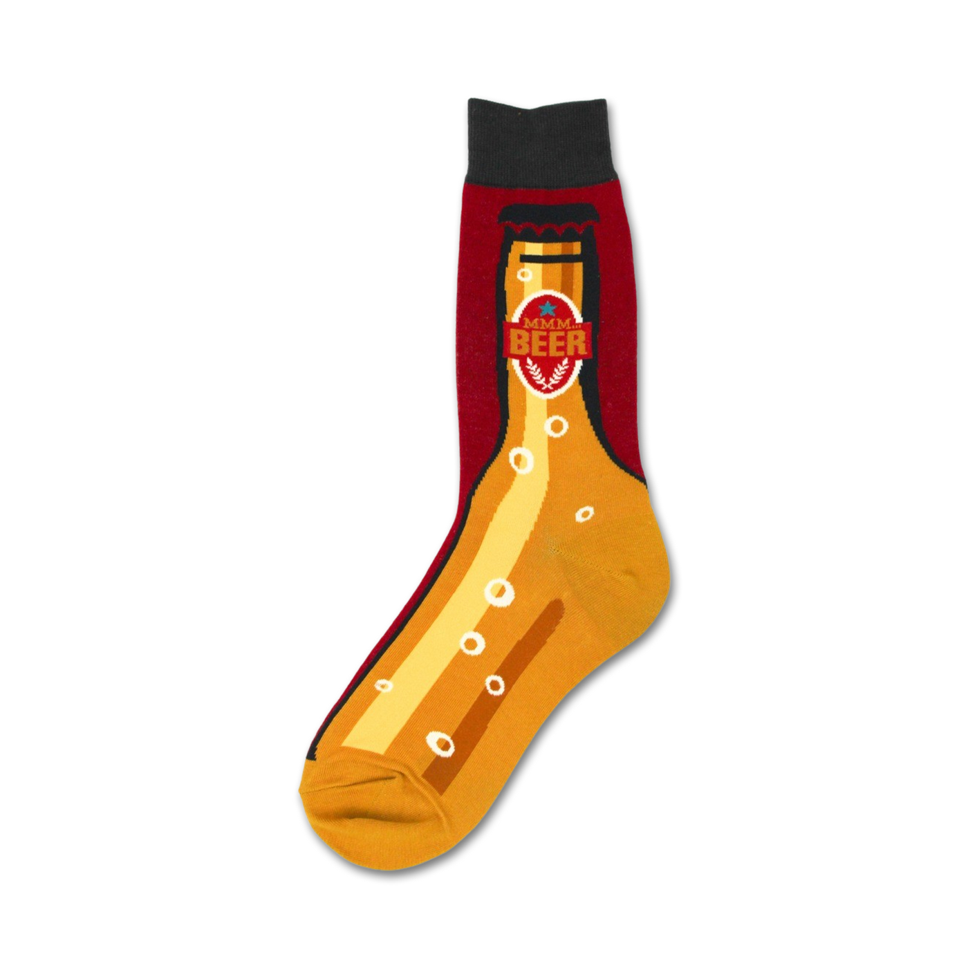 Crew socks with a beer bottle design. The socks are mainly gold and burgundy, with a detailed beer bottle graphic and 'Mmm Beer' label.