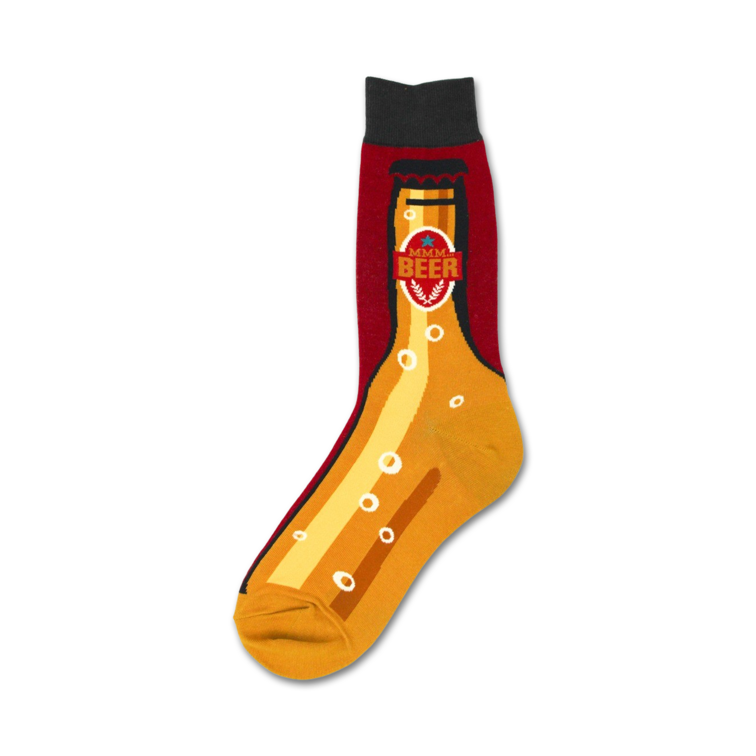Crew socks with a beer bottle design. The socks are mainly gold and burgundy, with a detailed beer bottle graphic and 'Mmm Beer' label.