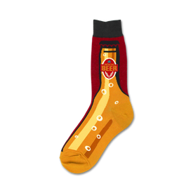 red crew socks with yellow and white accents featuring a cartoon beer bottle graphic with "mmm beer" label.  