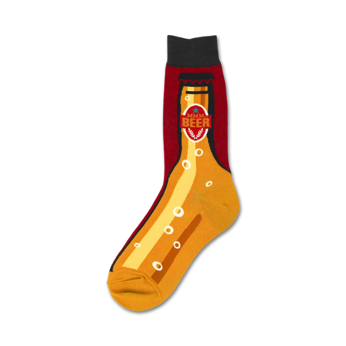 red crew socks with yellow and white accents featuring a cartoon beer bottle graphic with 