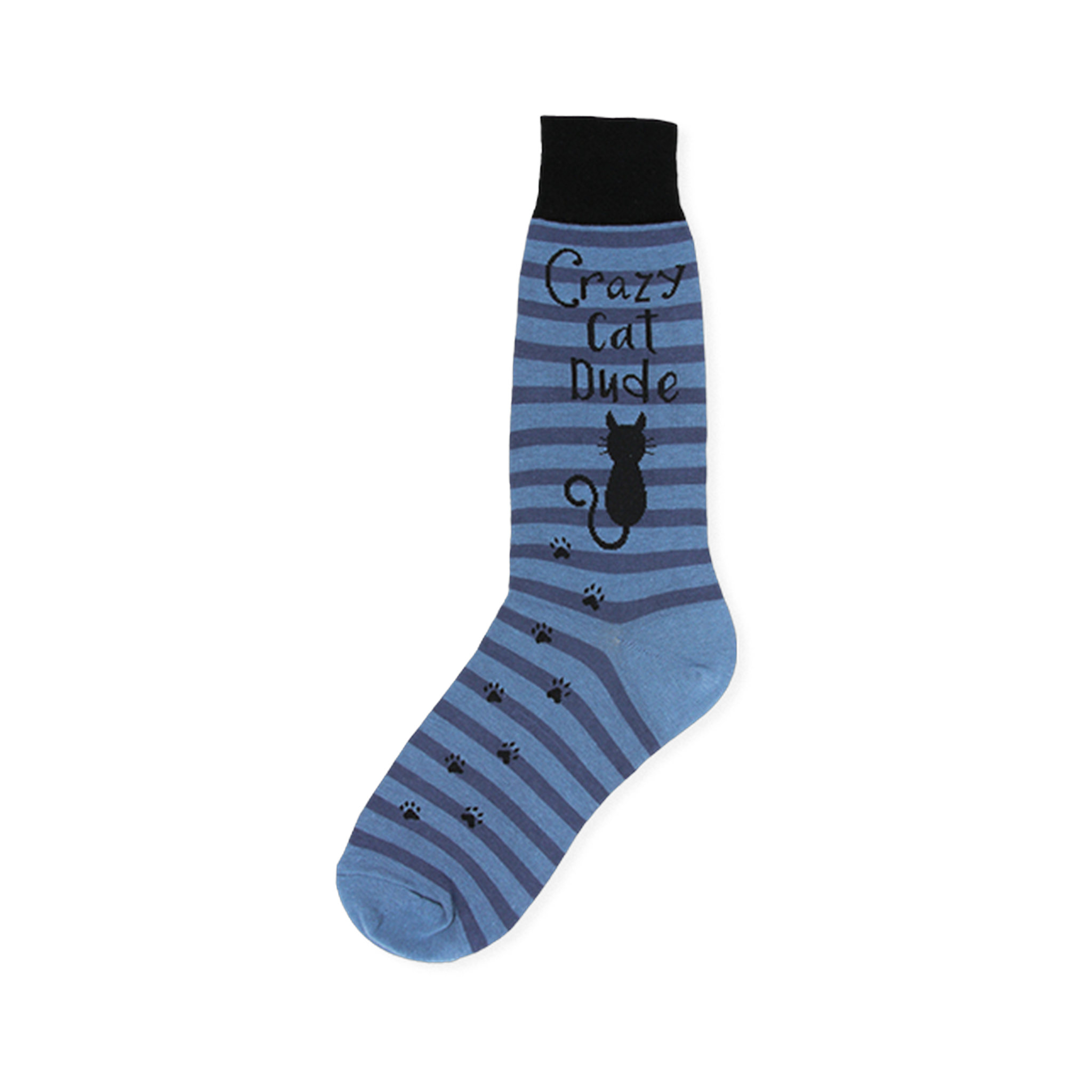 Blue striped sock with black cuff, a black cat silhouette, trailing paw prints, and Crazy Cat Dude text.