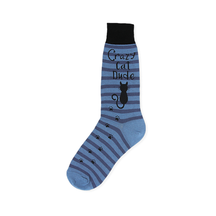 Blue striped sock with black cuff, a black cat silhouette, trailing paw prints, and Crazy Cat Dude text. }}