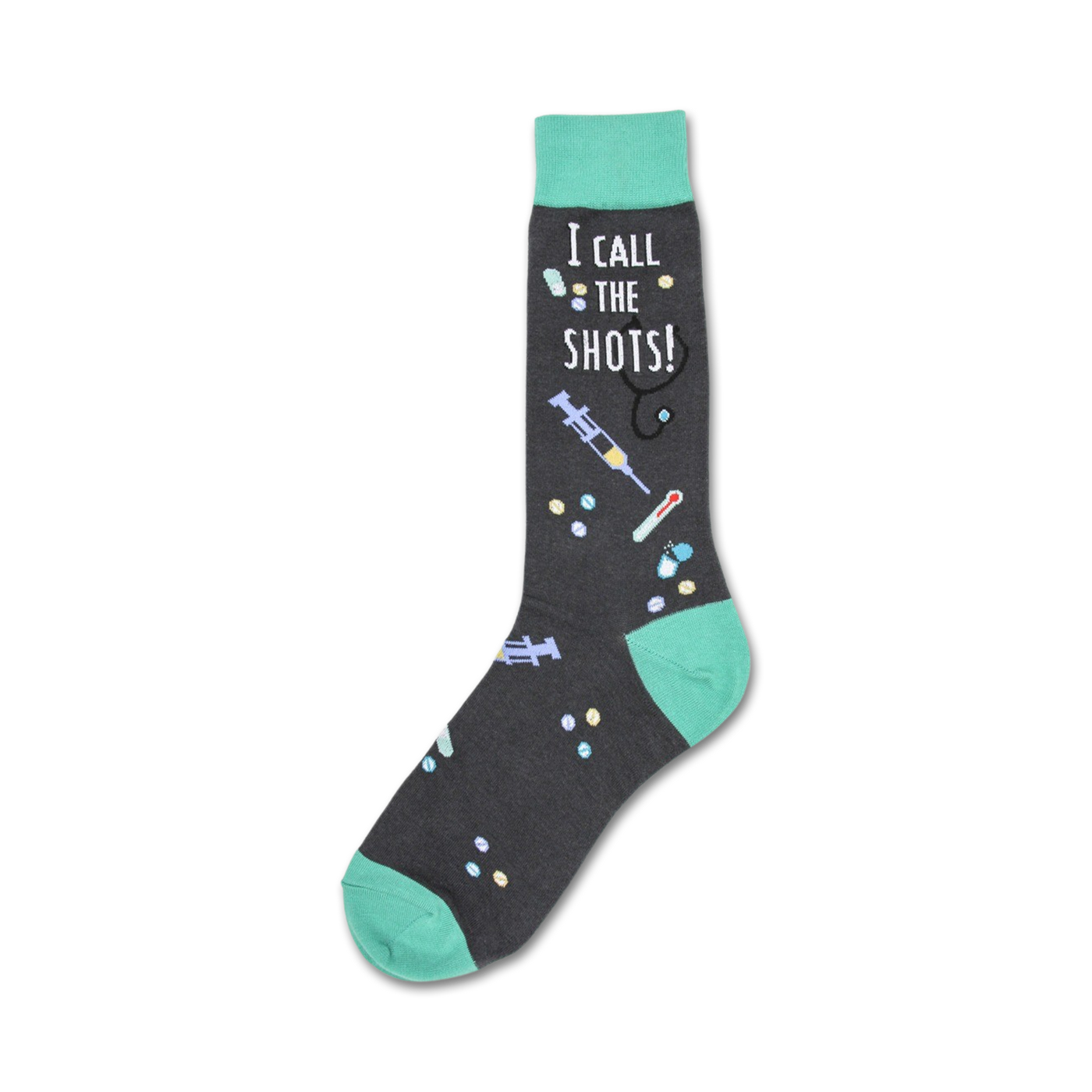 Crew socks in dark grey and teal.  The socks have a design of medical tools (syringes, pills) and the phrase 'I Call the Shots!'