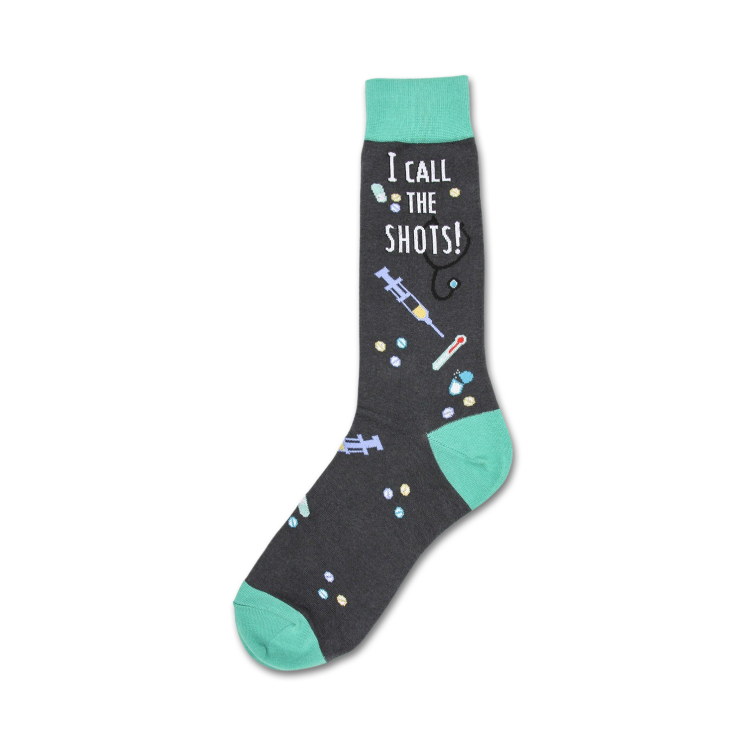Crew socks in dark grey and teal.  The socks have a design of medical tools (syringes, pills) and the phrase 'I Call the Shots!'