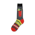 Crew socks in grey, red, and green, featuring a graphic of a Bloody Mary cocktail and its ingredients.