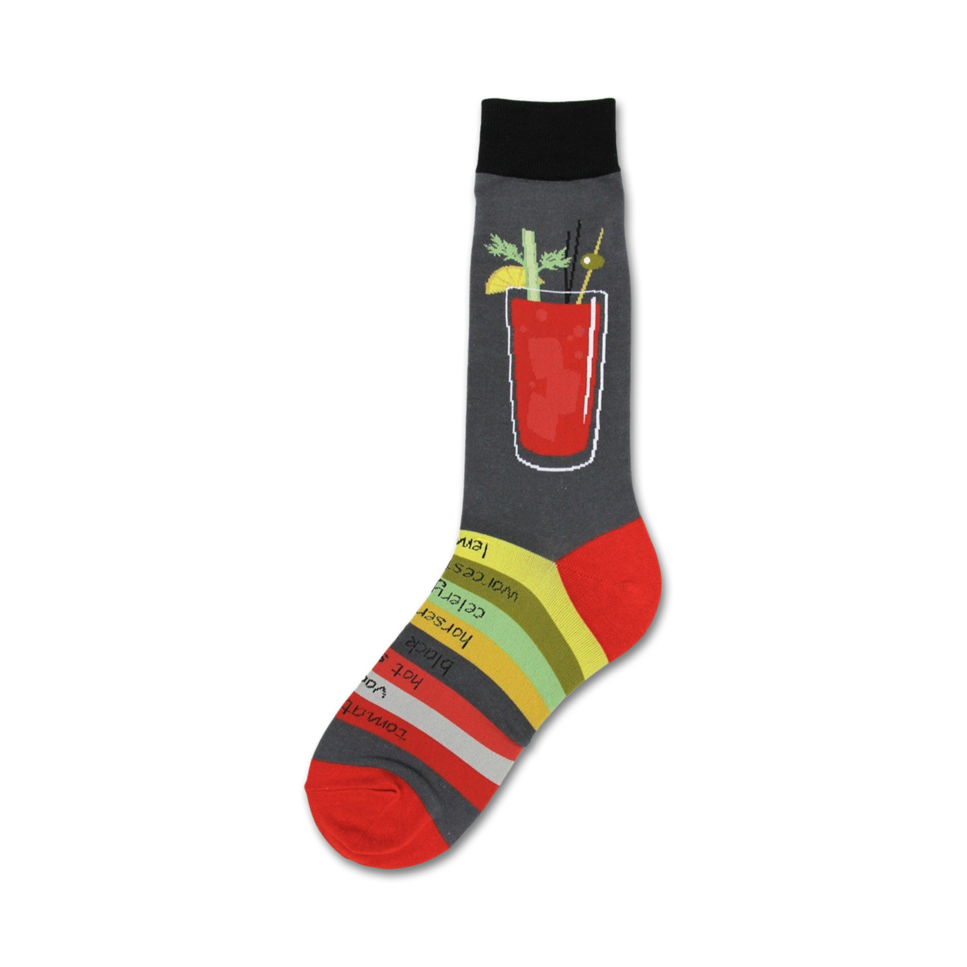 Crew socks in grey, red, and green, featuring a graphic of a Bloody Mary cocktail and its ingredients.