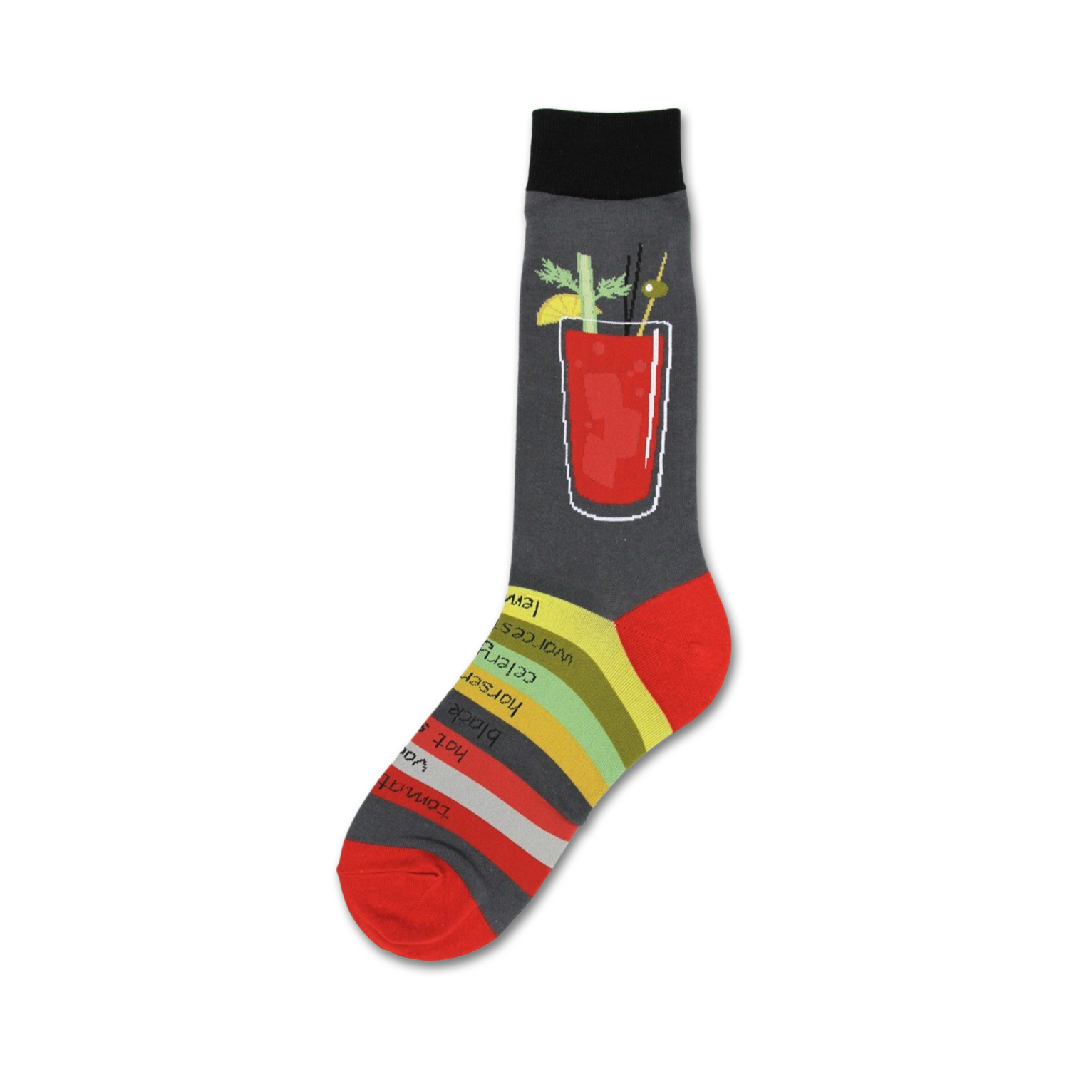 Crew socks in grey, red, and green, featuring a graphic of a Bloody Mary cocktail and its ingredients.