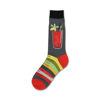 gray crew socks with bloody mary cocktail design for men and women.   
