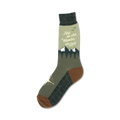 Crew socks in olive green and brown.  Features a mountain range, compass details, and the quote 'Not all who wander are lost.'