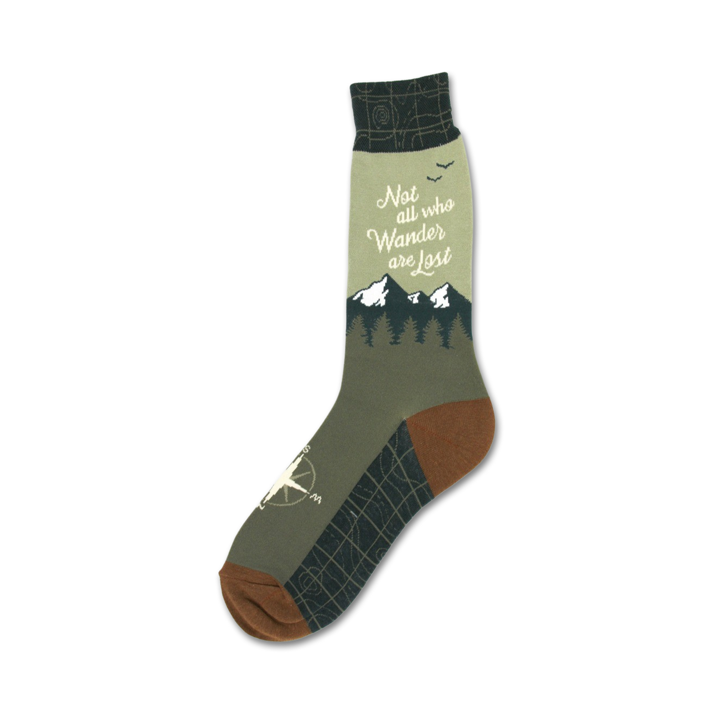Crew socks in olive green and brown.  Features a mountain range, compass details, and the quote 'Not all who wander are lost.'