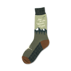 Crew socks in olive green and brown.  Features a mountain range, compass details, and the quote 'Not all who wander are lost.'