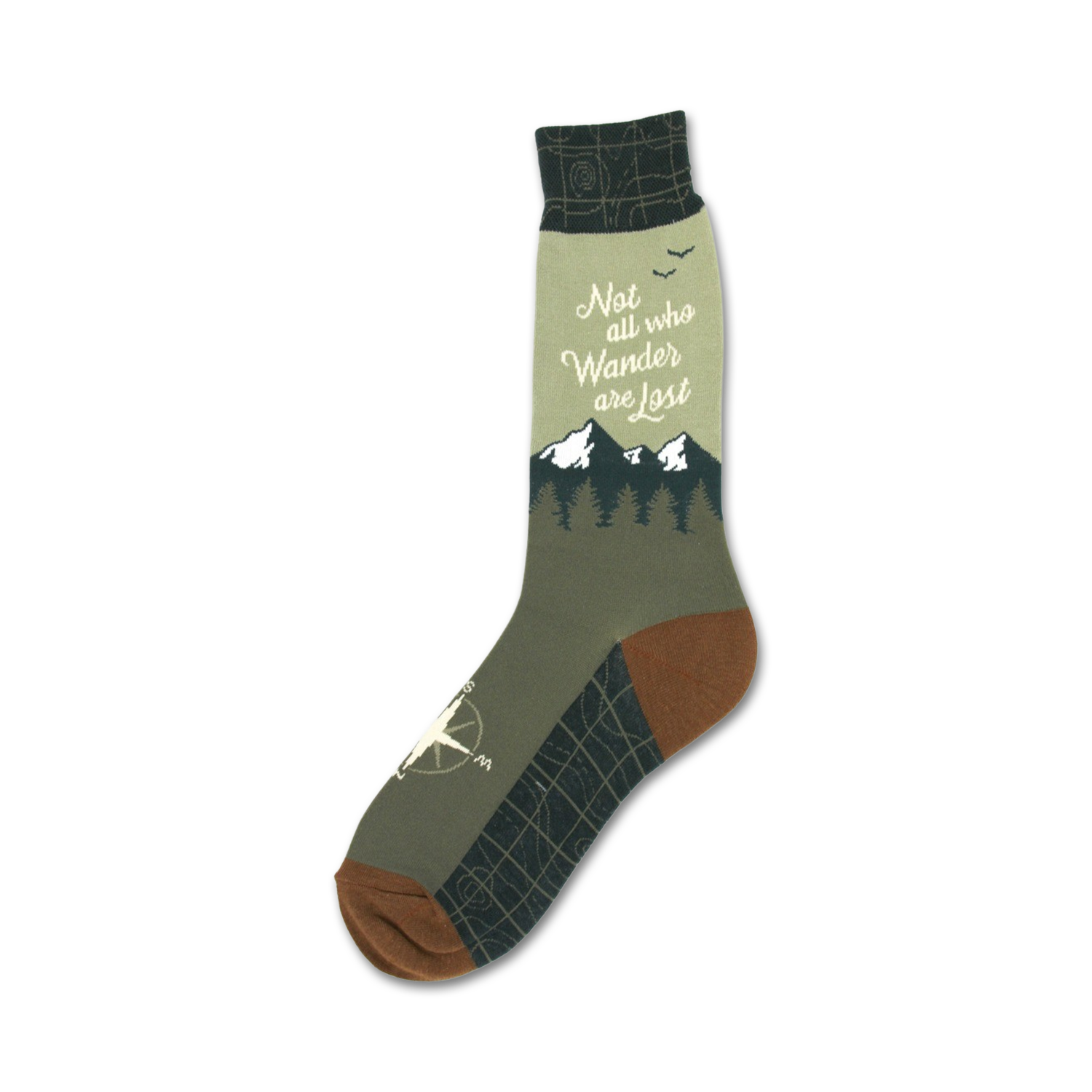Crew socks in olive green and brown.  Features a mountain range, compass details, and the quote 'Not all who wander are lost.'