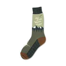 men's crew wanderer socks with brown toes and heels feature 'not all who wander are lost' text, mountain range, compass, and flying birds.   