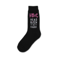 Black crew socks with the phrase 'Head Bitch In Charge' in pink and white lettering. A fun and sassy design.