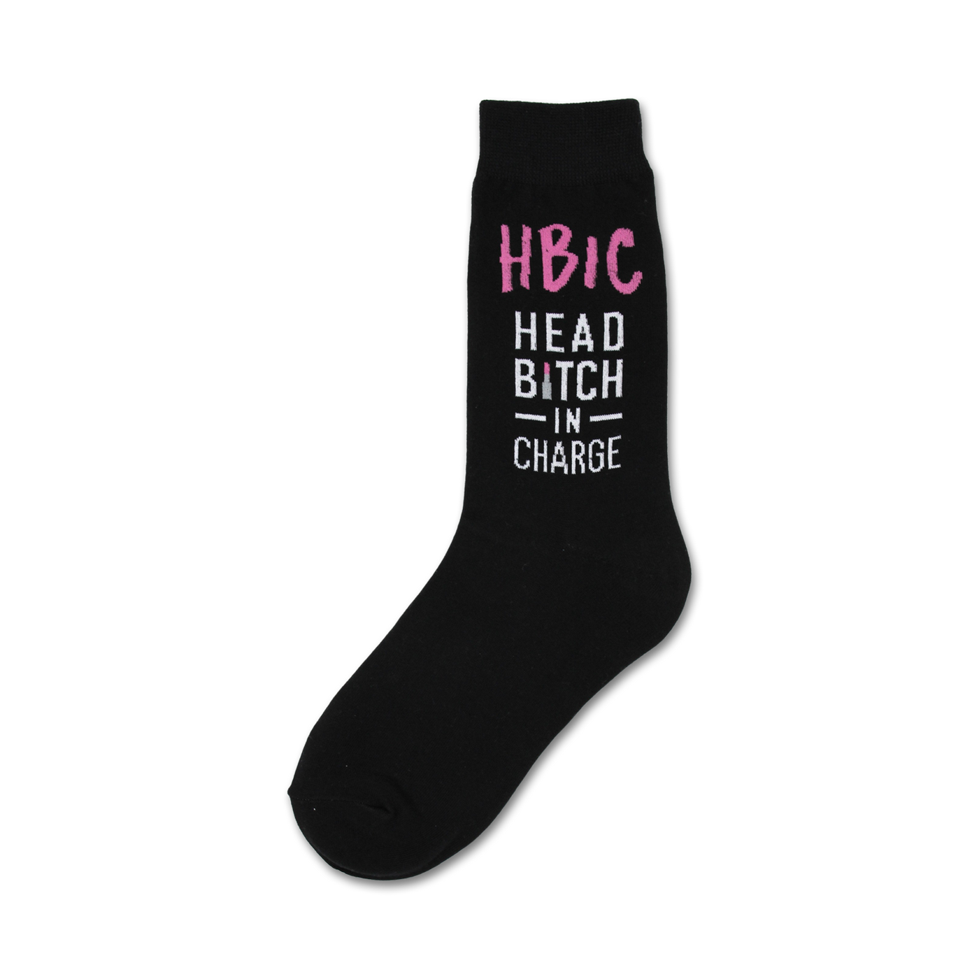 Black crew socks with the phrase 'Head Bitch In Charge' in pink and white lettering. A fun and sassy design.