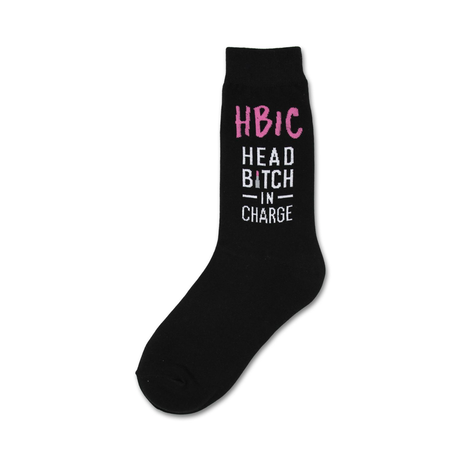 Black crew socks with the phrase 'Head Bitch In Charge' in pink and white lettering. A fun and sassy design.