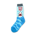 Crew socks in light blue and white, featuring a graphic of a great white shark emerging from the water with 'Bite Me!' text.