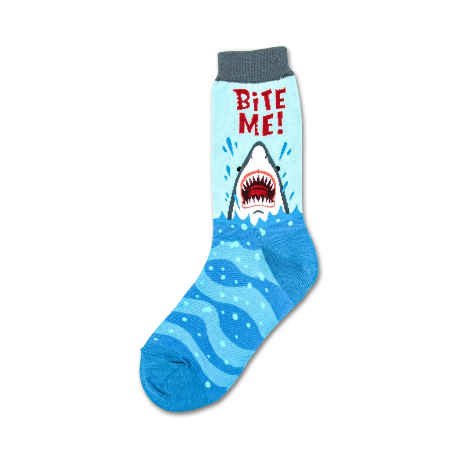 Crew socks in light blue and white, featuring a graphic of a great white shark emerging from the water with 'Bite Me!' text.