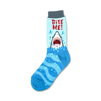 crew-length women's socks featuring a cartoon shark emerging from blue water, with red "bite me" lettering on a gray background.  